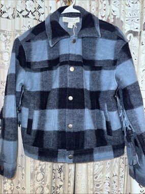 saltwater LUXE Blue and Black Plaid Pea Coat nwt